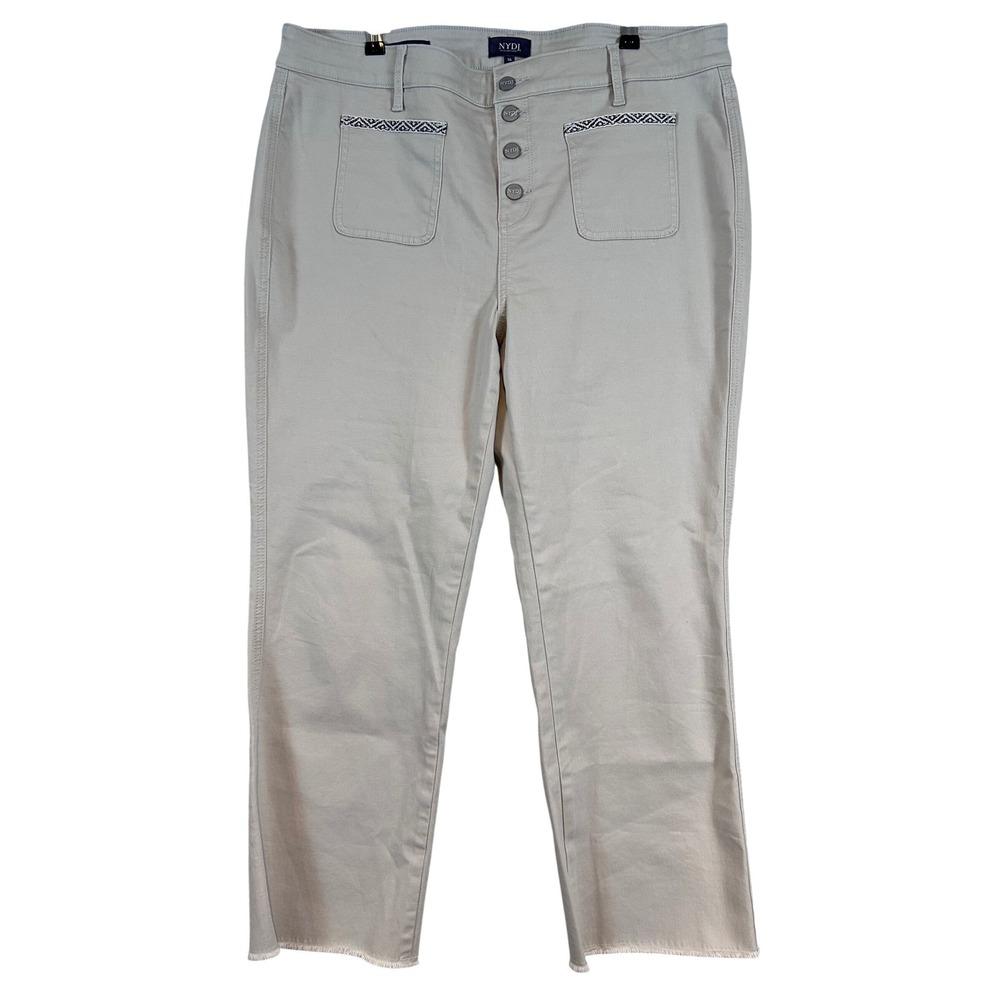 NYDJ Marilyn Straight Pants Womens 16 Beige Button Fly Patch Pocket Raw Hem 26in